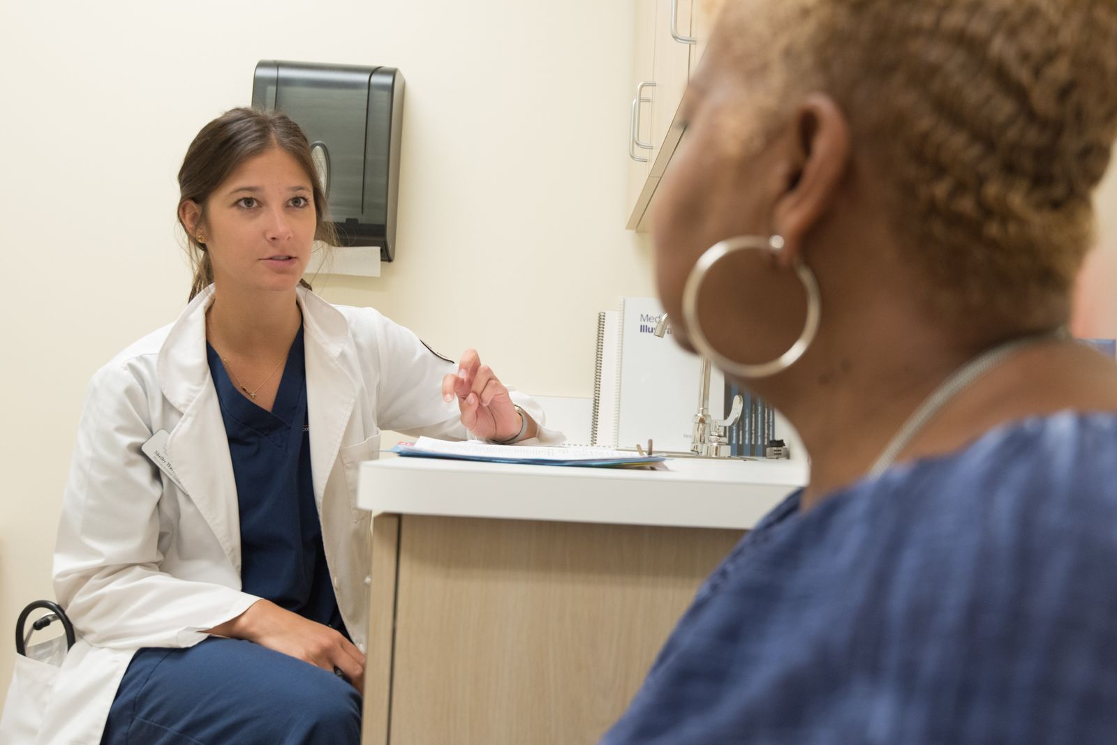 A patient having a routine health check with a Clearview practice nurse